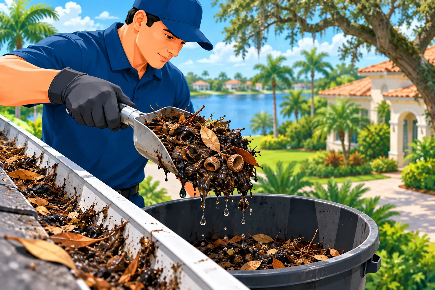 Illustration: gutter debris and cleaning at a Florida home near Maitland