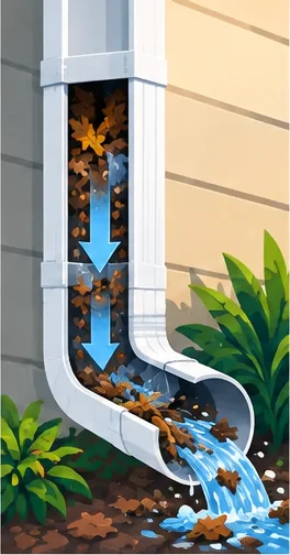 Illustration: cutaway of a downspout full of leaves with water clearing the blockage into a planting bed