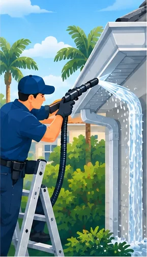 Illustration: a technician on a stepladder flushing a gutter with a hose while water pours from the downspout